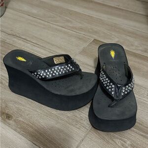 Black Platform Wedge Sandals with Studded Straps